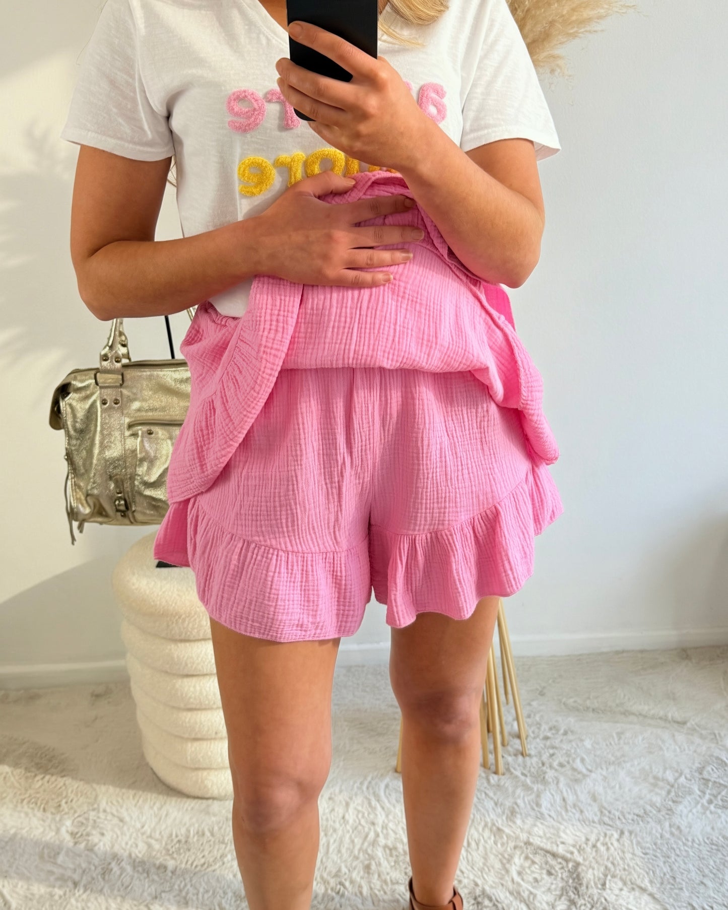 Jupe short gaze de coton Isadora rose