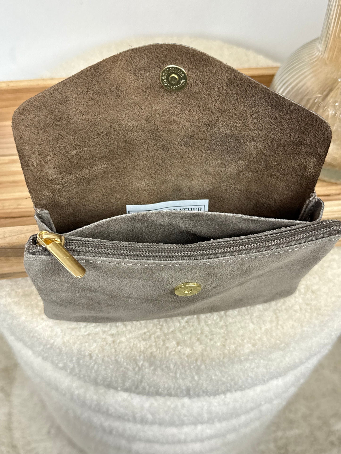Porte monnaie en cuir & daim taupe