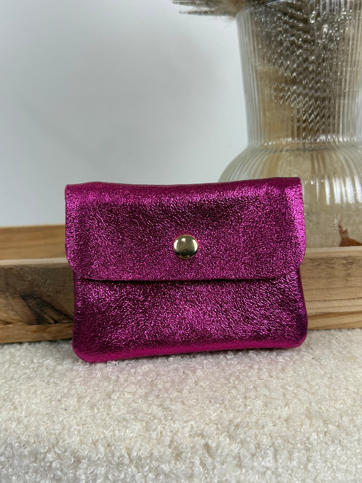 Porte monnaie en cuir fuchsia
