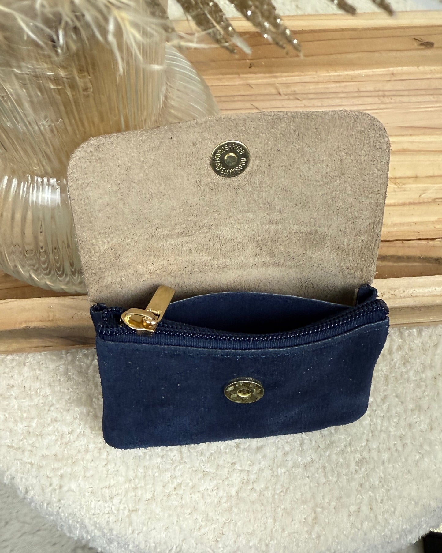 Porte monnaie en cuir & daim bleu/or