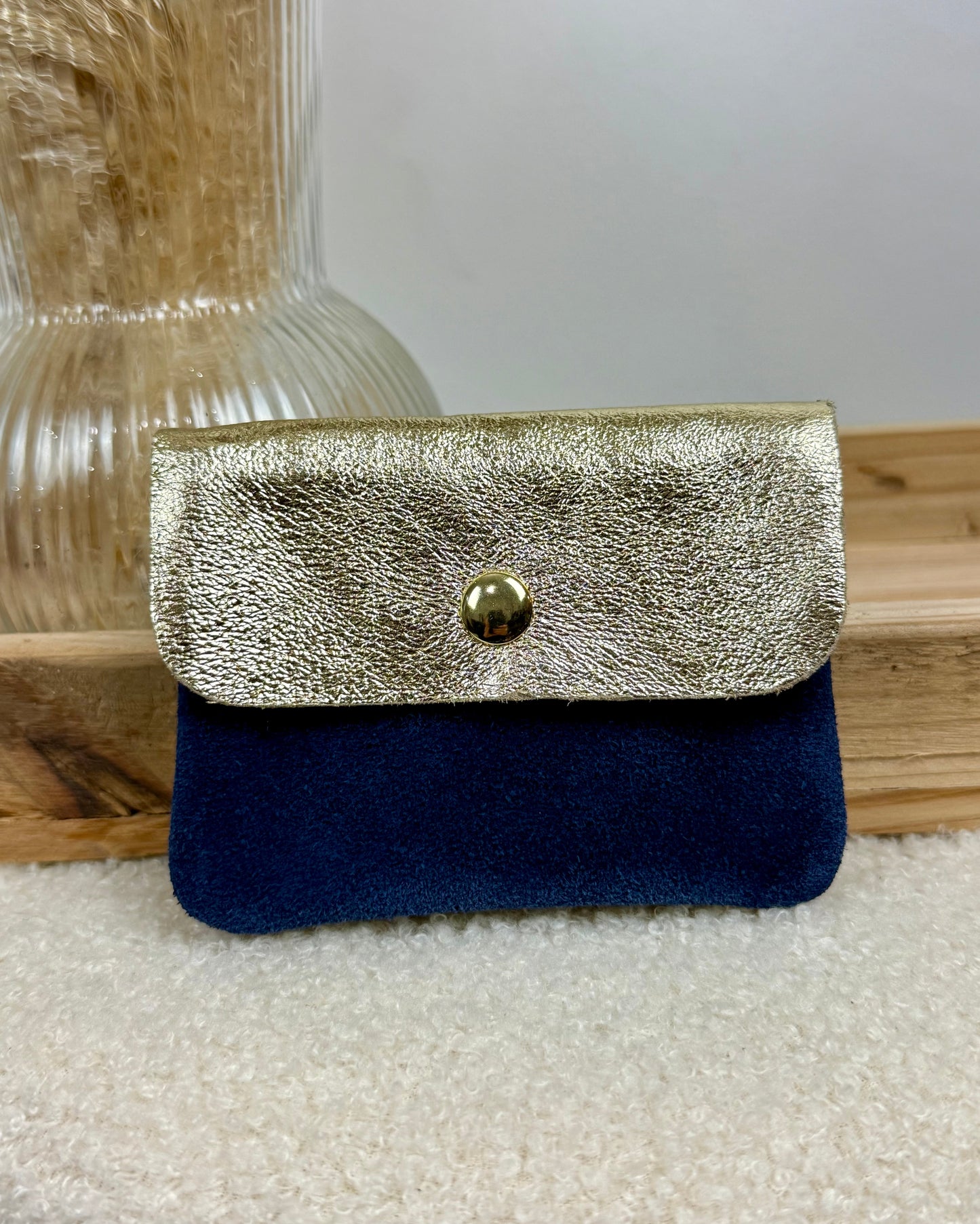 Porte monnaie en cuir & daim bleu/or