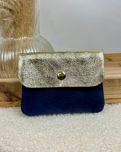 Porte monnaie en cuir & daim bleu/or
