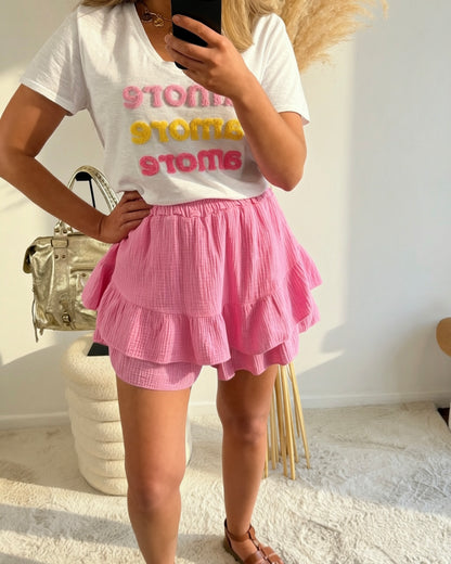 Jupe short gaze de coton Isadora rose