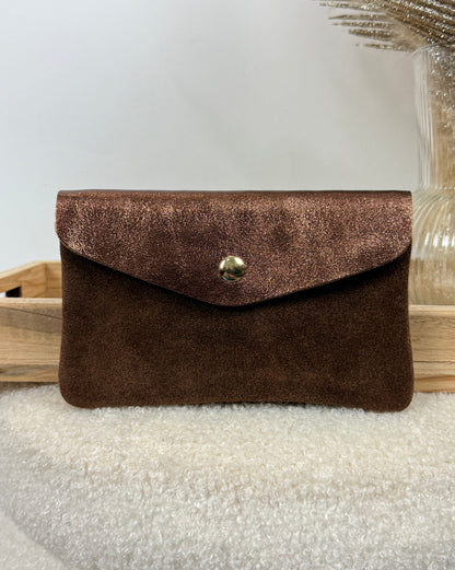 Porte monnaie en cuir & daim marron