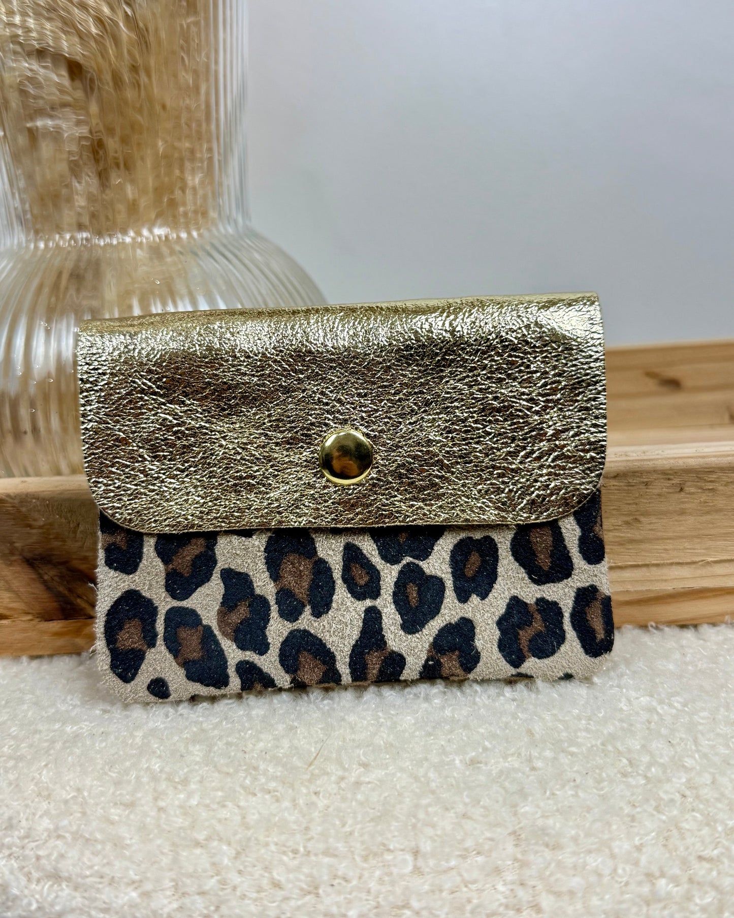 Porte monnaie en cuir & daim leo/or