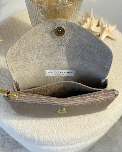 Porte monnaie en cuir grainé taupe