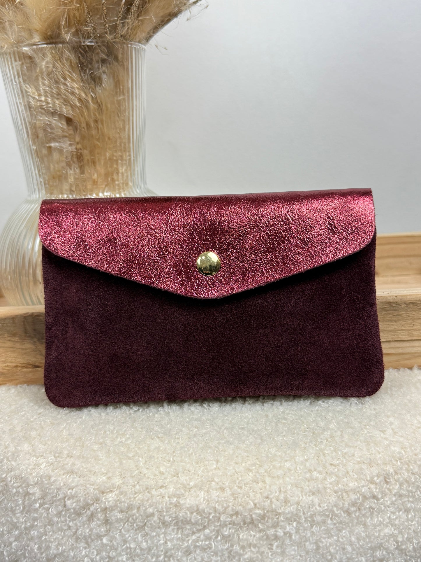 Porte monnaie en cuir & daim bordeaux