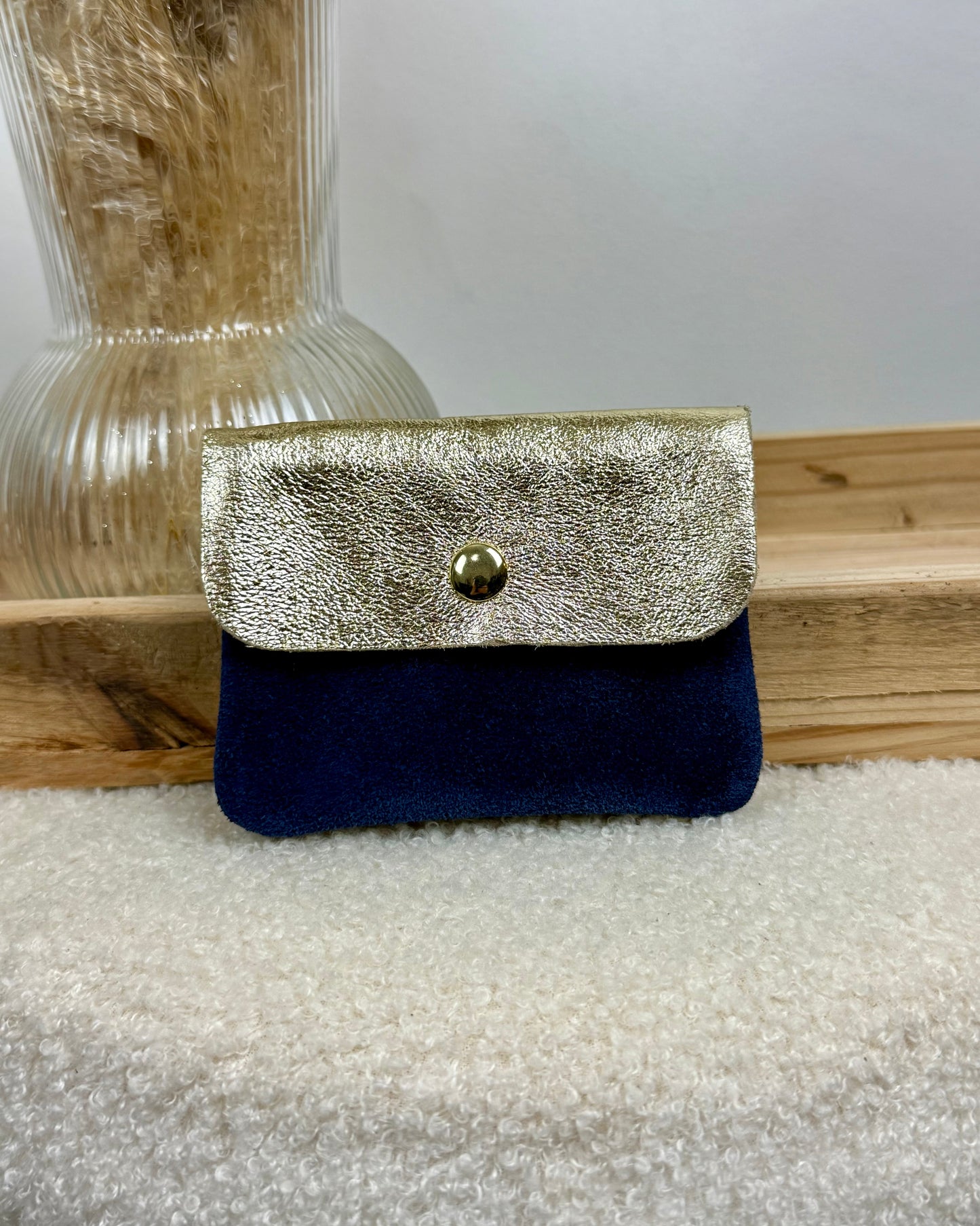 Porte monnaie en cuir & daim bleu/or