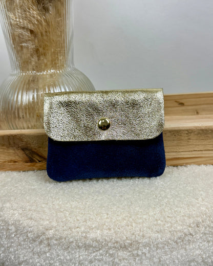 Porte monnaie en cuir & daim bleu/or