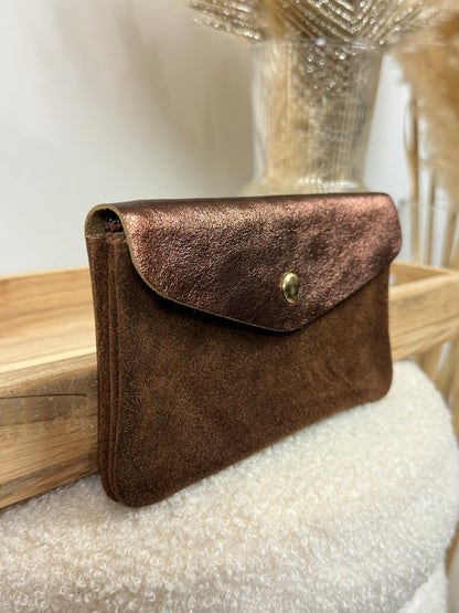 Porte monnaie en cuir & daim marron