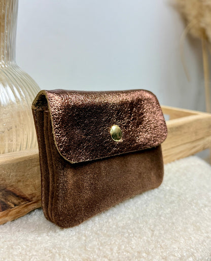 Porte monnaie en cuir & daim marron
