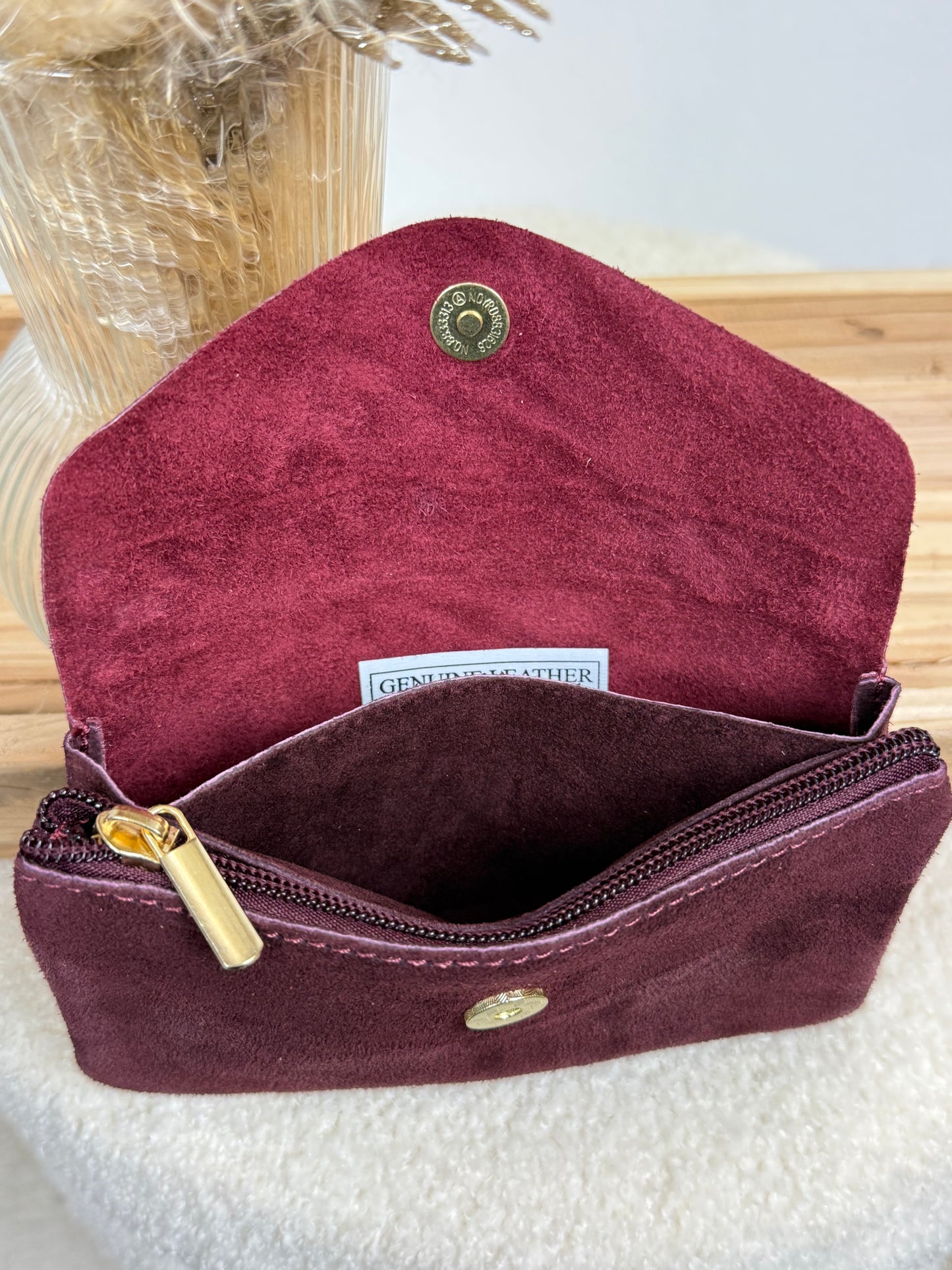 Porte monnaie en cuir & daim bordeaux