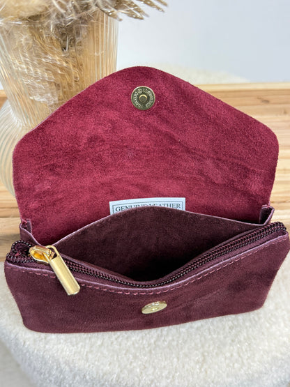 Porte monnaie en cuir & daim bordeaux