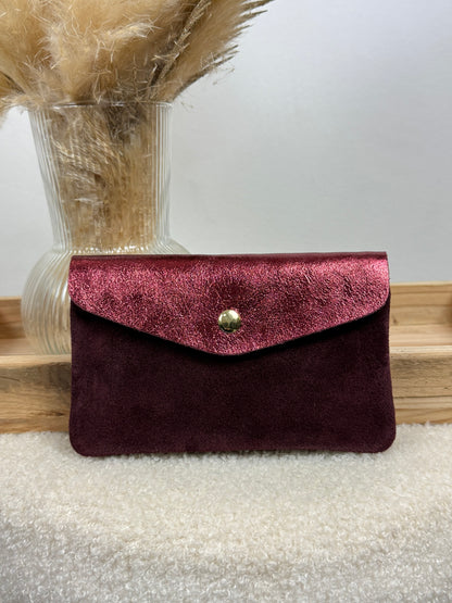 Porte monnaie en cuir & daim bordeaux