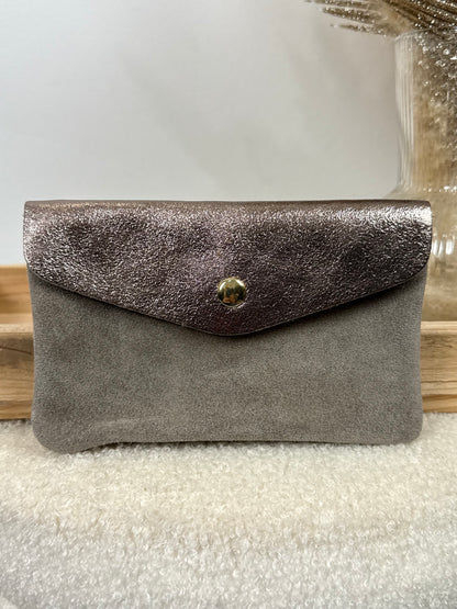 Porte monnaie en cuir & daim taupe