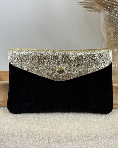 Porte monnaie en cuir & daim noir/or