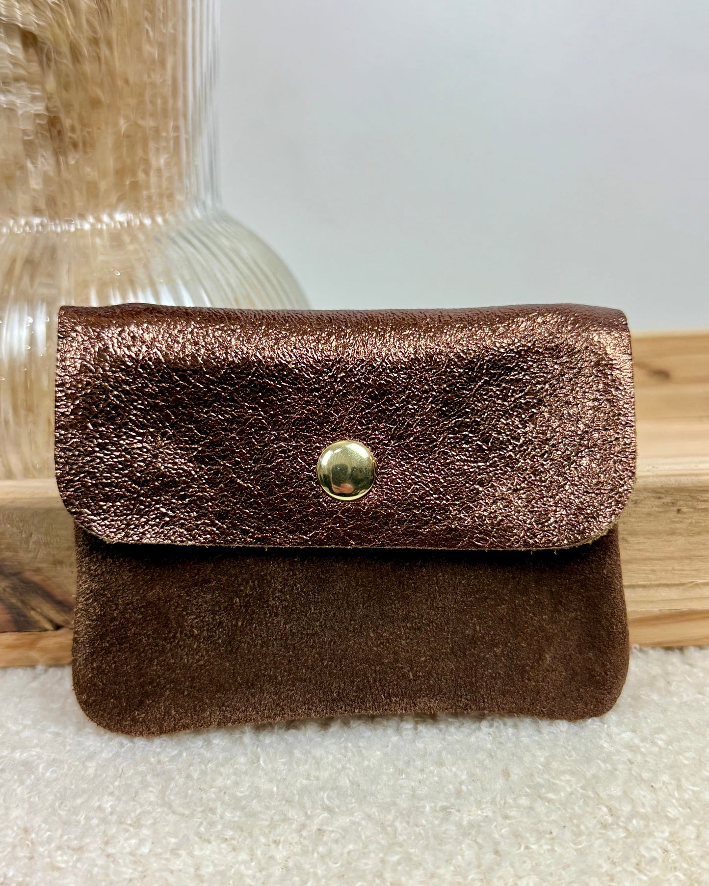 Porte monnaie en cuir & daim marron