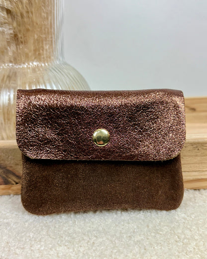 Porte monnaie en cuir & daim marron