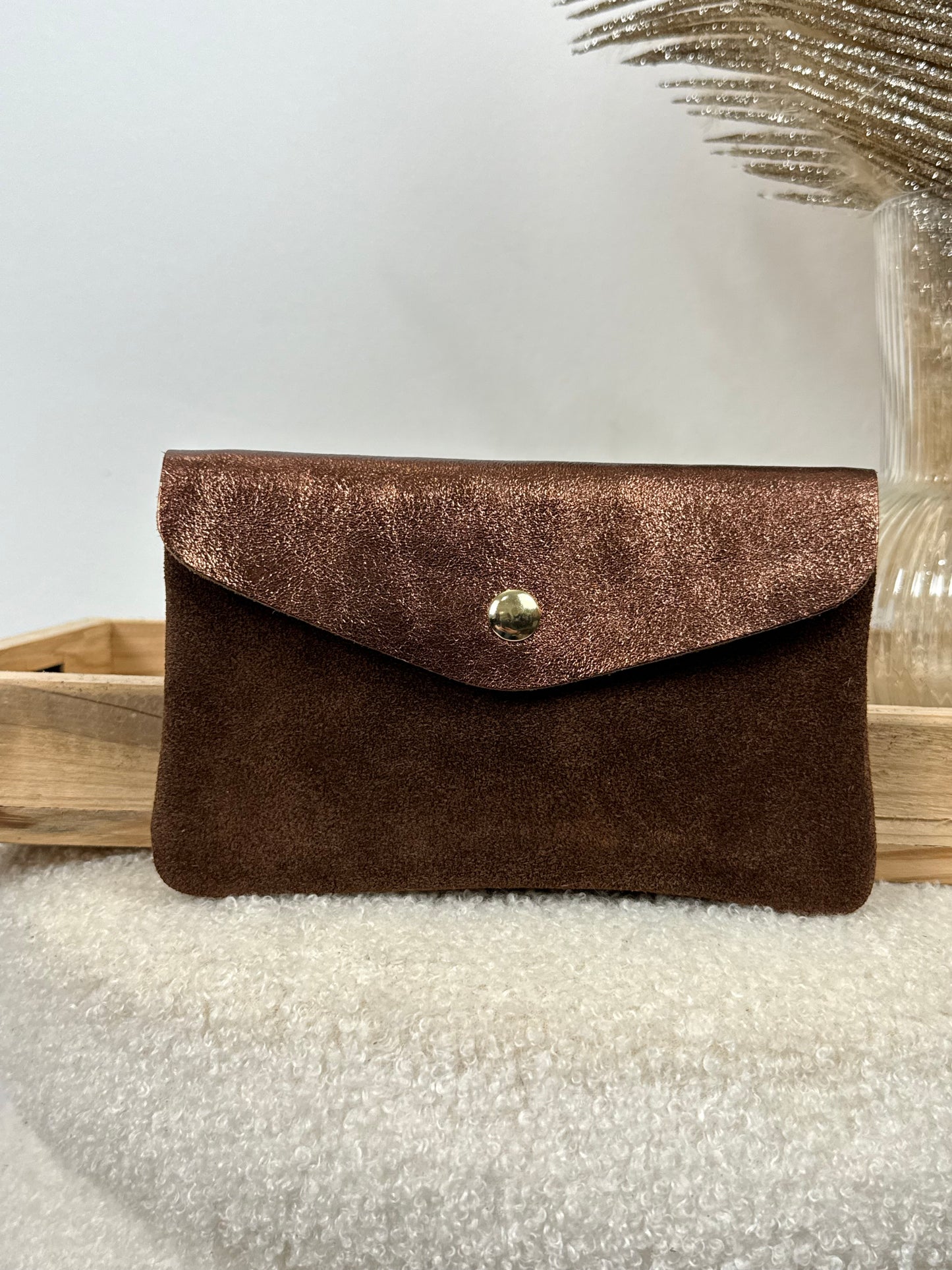 Porte monnaie en cuir & daim marron