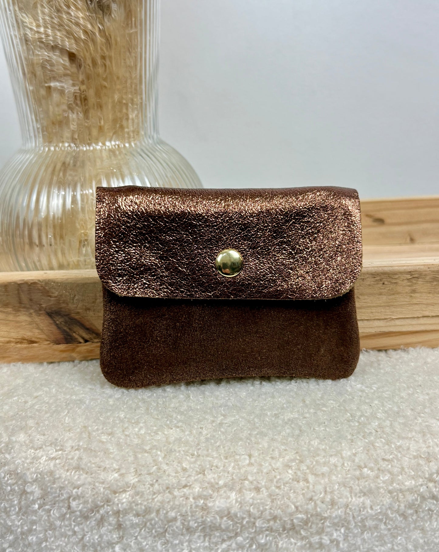 Porte monnaie en cuir & daim marron