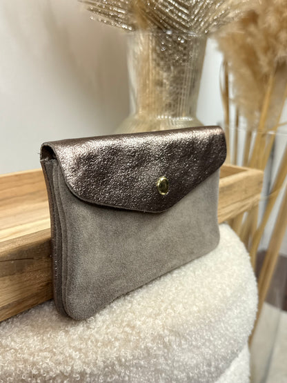 Porte monnaie en cuir & daim taupe