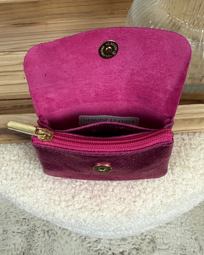 Porte monnaie en cuir fuchsia