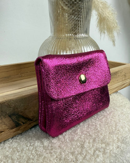 Porte monnaie en cuir fuchsia