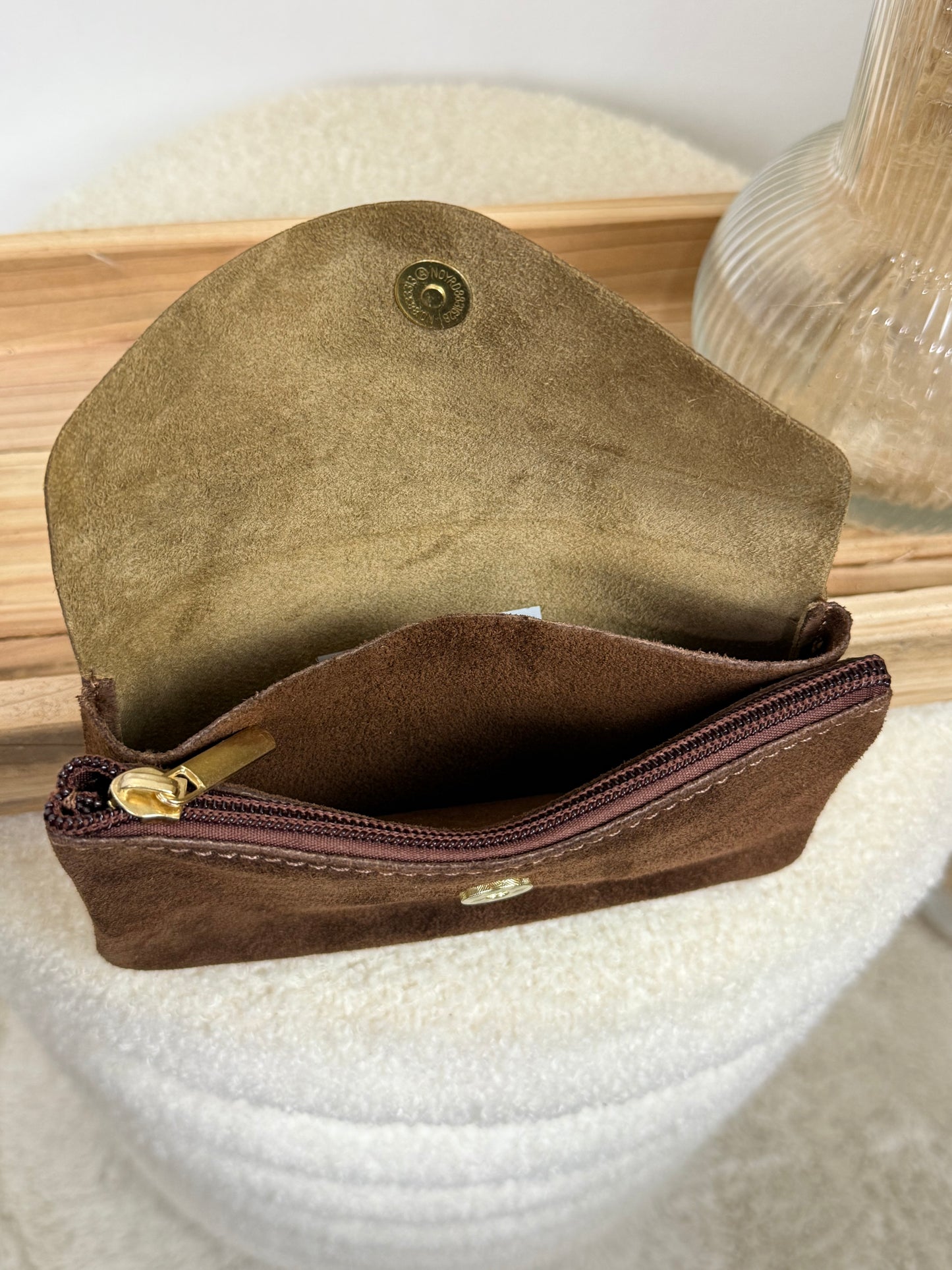 Porte monnaie en cuir & daim marron
