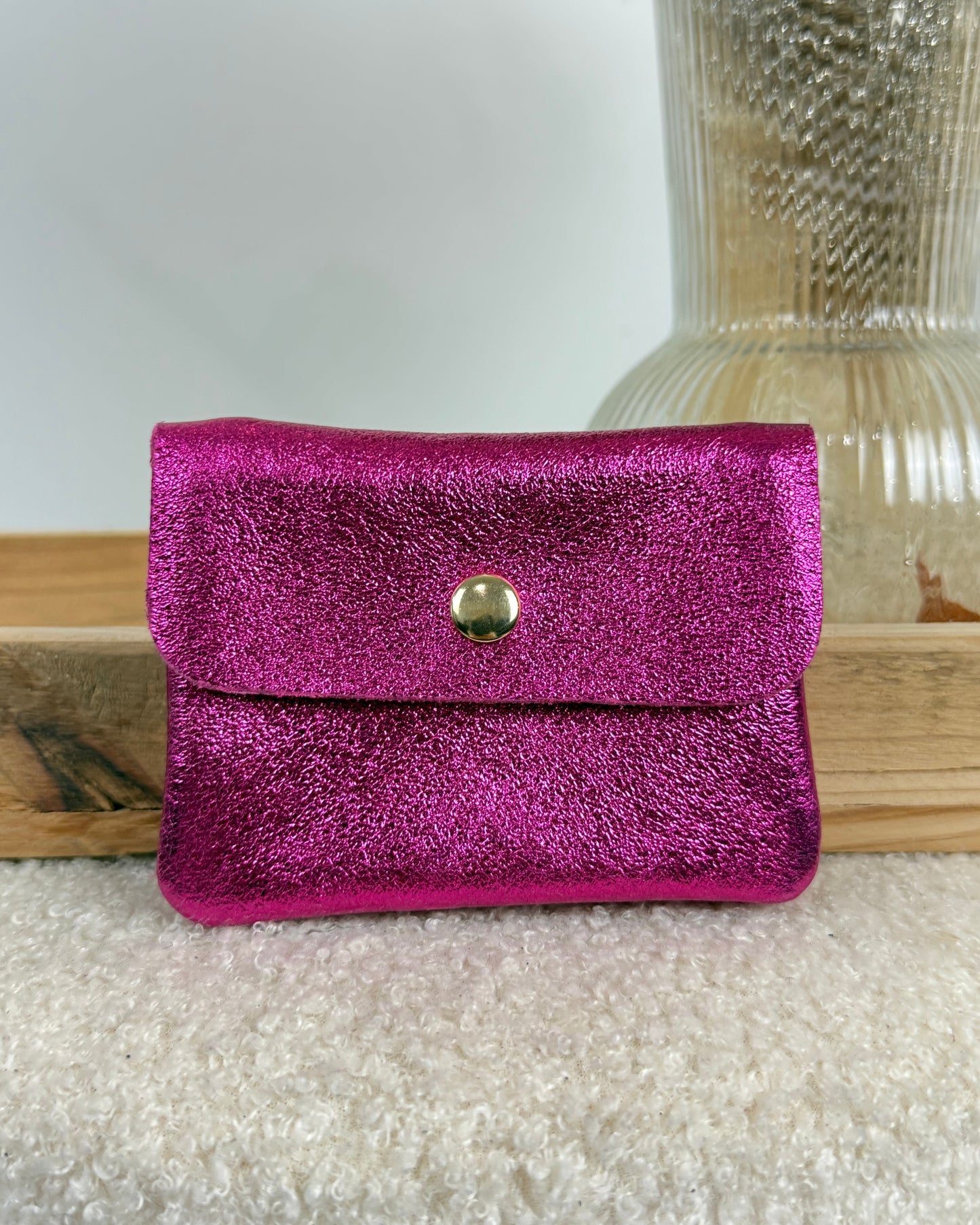 Porte monnaie en cuir fuchsia