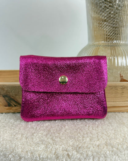 Porte monnaie en cuir fuchsia