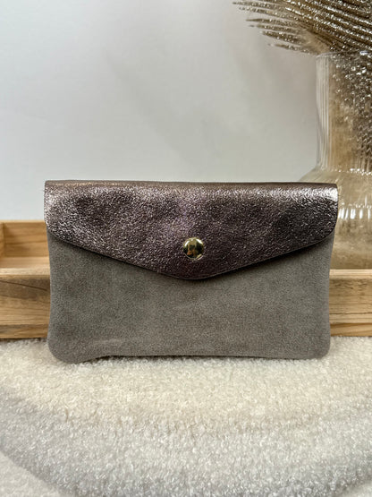 Porte monnaie en cuir & daim taupe