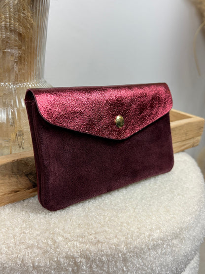 Porte monnaie en cuir & daim bordeaux